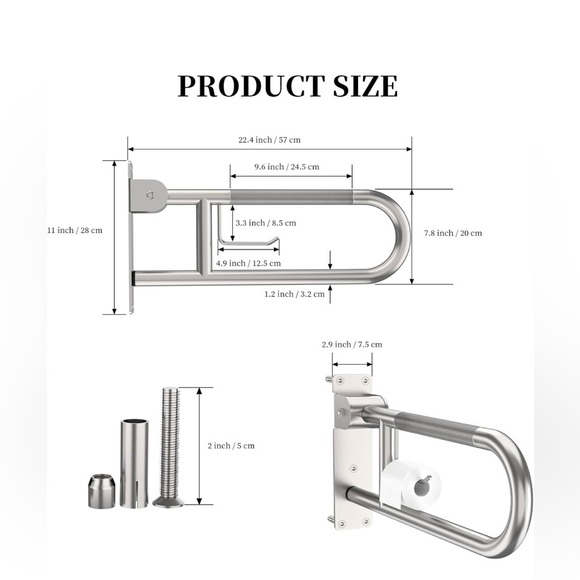 Toilet Grab Bar 22.4 Inch. Brushed Nickel. Anti-slip. U Shaped. Flips Up.
